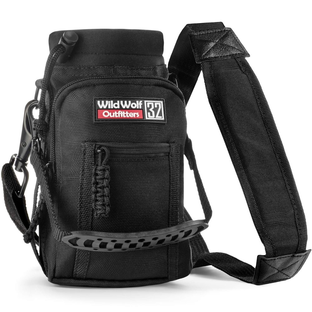 Wild Wolf Outfitters Water Bottle Holder for 32 ounce Bottles Black - Carry, Protect and Insulate Your Best Flask with This Carrier w/ 2 Pockets & an Adjustable Padded Shoulder Strap