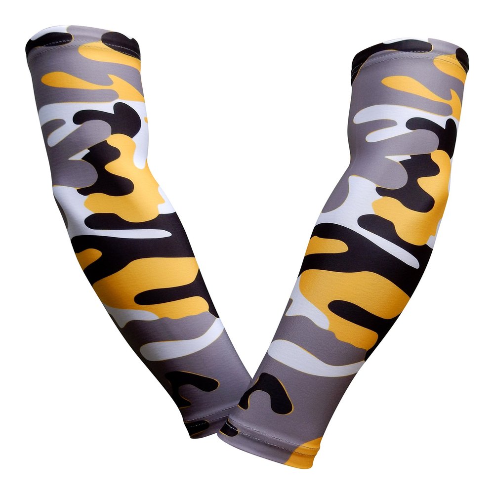 Sports Farm PAIR Compression Elbow Arm Sleeves (YOUTH MEDIUM, YELLOW BLACK GRAY WOODLAND CAMO)