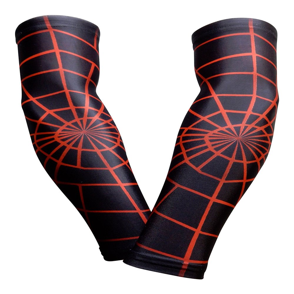 Sports Farm PAIR Compression Elbow Arm Sleeves (ADULT SMALL, BLACK RED SPIDER WEB)