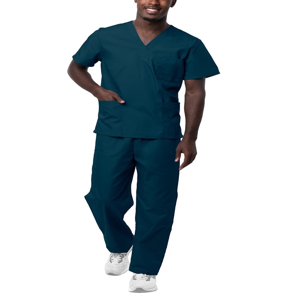 Sivvan Durable Unisex Scrubs Set - Classic V-Neck Scrub Top & Drawstring Scrub Pants For Men & Women, 5 Pockets - S8400 - Caribbean Blue - M