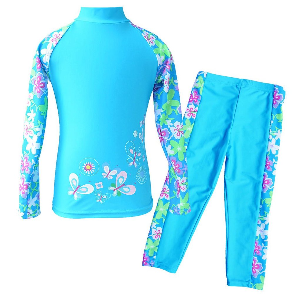 TFJH E Girls Swimsuit UPF 50+ UV Two-Piece Rash Guard Suits Blue Long 5-6 Years 6A