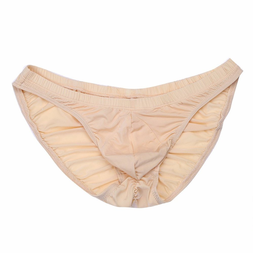 FEESHOW Men's Silky Bikini Briefs Bulge Pouch Underwear Swimwear Ruched Back Apricot one Size
