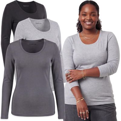 Emmalise Women's Long Sleeve Scoop Neck Tee Slim Fit Junior and Plus Size, 3Pk - H Grey, Charcoal, Black Small
