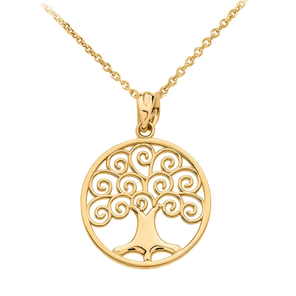 Sideways Crosses Certified 10K Yellow Gold Circle Tree of Life Openwork Pendant Necklace, 22"