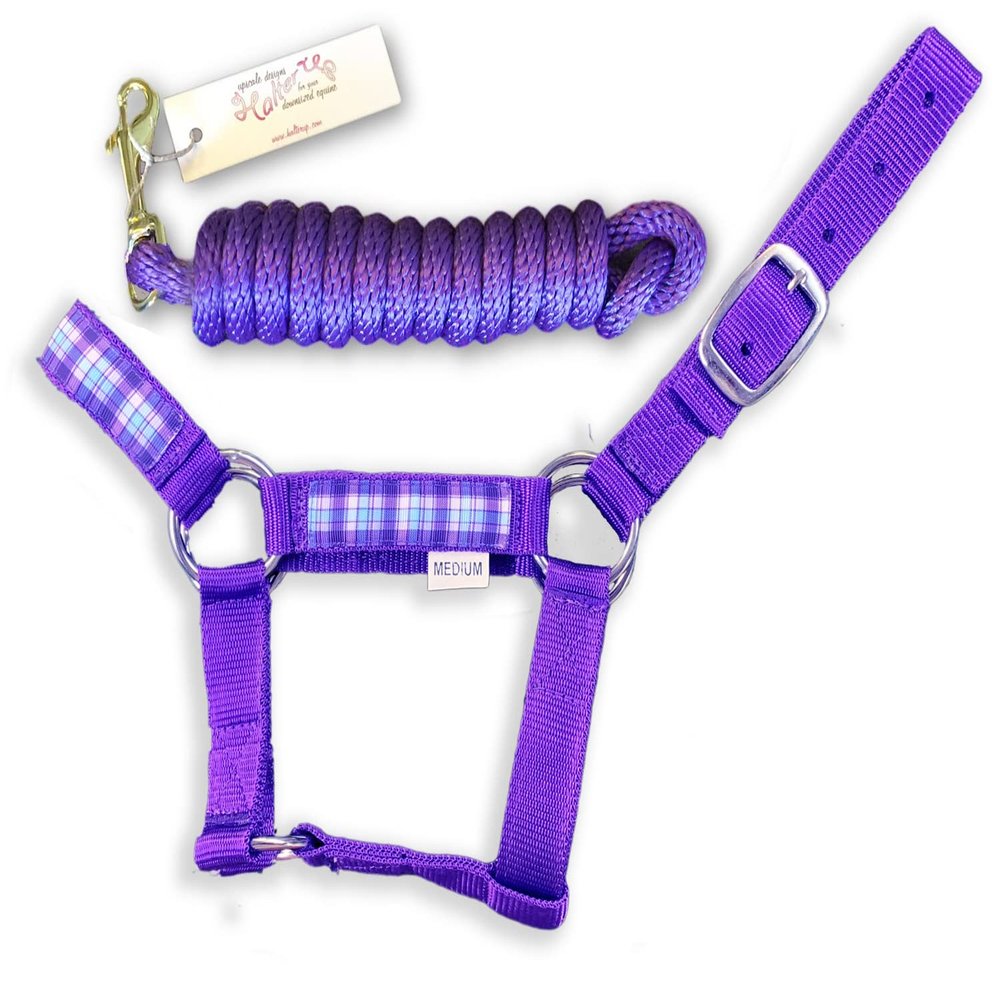 HalterUp Miniature Horse Halters and Lead Ropes (2 Item Bundle) Available in 10 Colors (Purple, Medium)