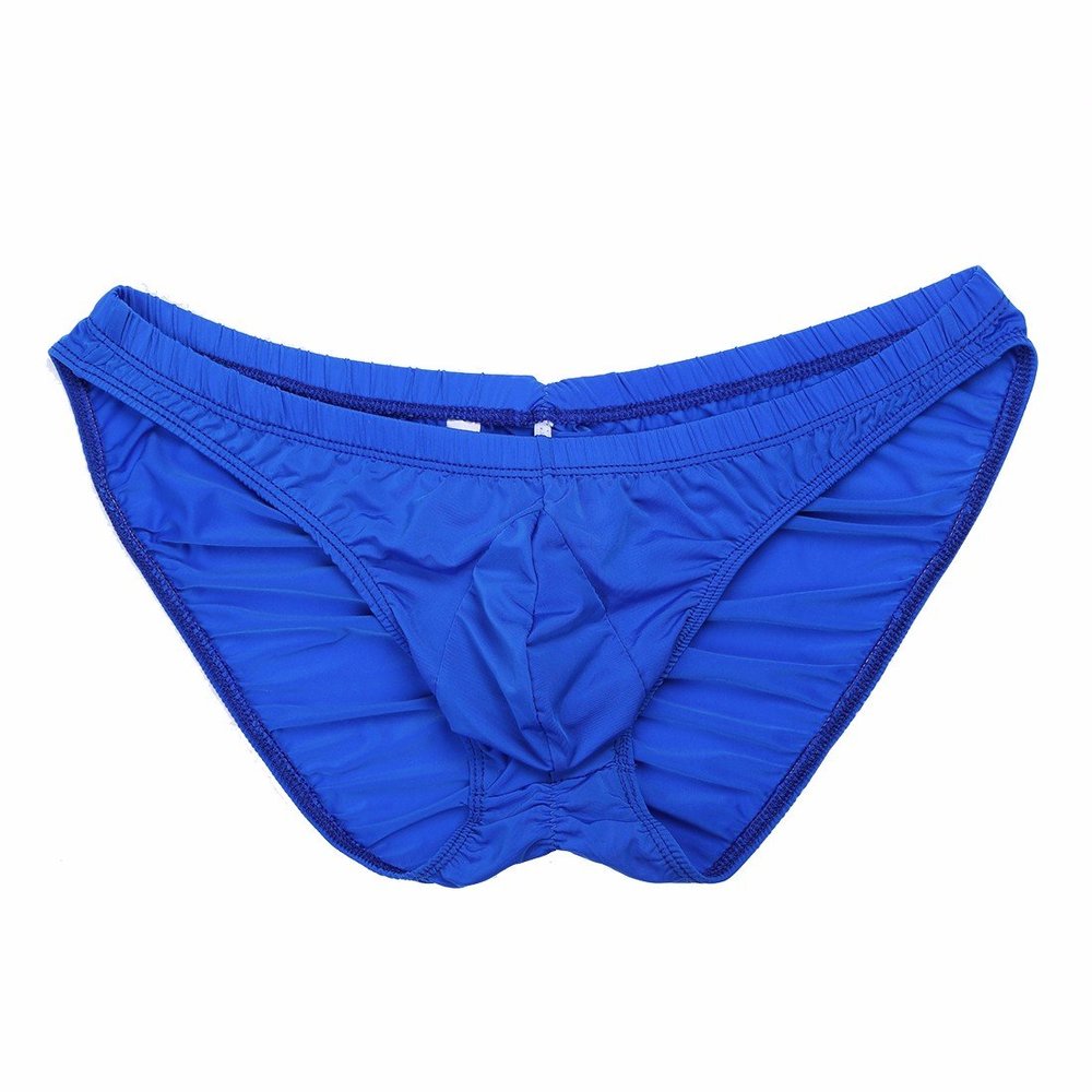 FEESHOW Men's Silky Bikini Briefs Bulge Pouch Underwear Swimwear Ruched Back Blue one Size