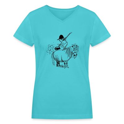 Spreadshirt Thelwell Rider Spring Cleaning Sweeping Horse Licensed Women's V-Neck T-Shirt, 2XL, Aqua