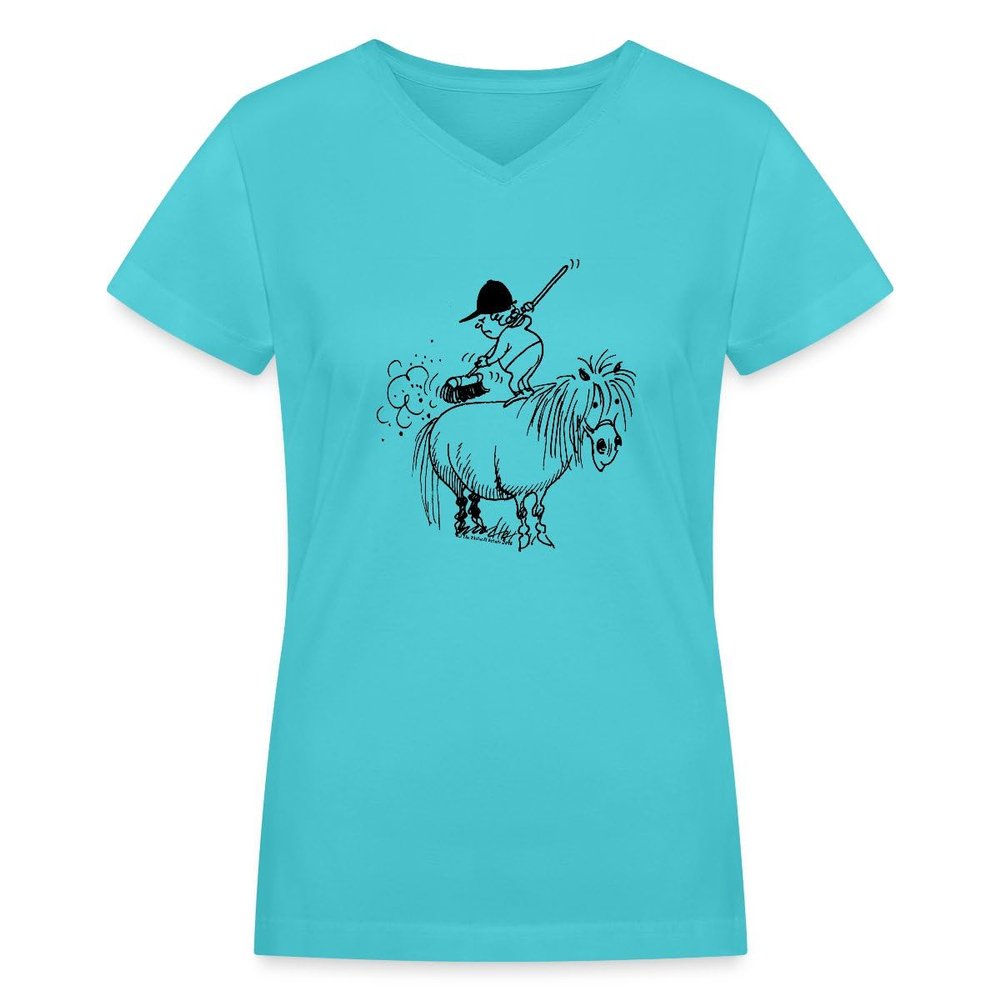Spreadshirt Thelwell Rider Spring Cleaning Sweeping Horse Licensed Women's V-Neck T-Shirt, 2XL, Aqua