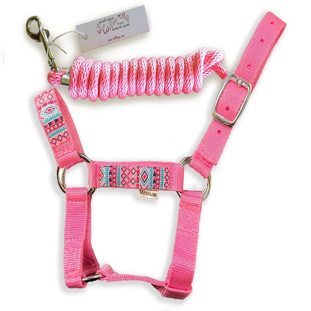 HalterUp Miniature Horse Halters and Lead Ropes (2 Item Bundle) Available in 10 Colors (Pink, Large)