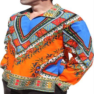 RaanPahMuang Wide European Poets Collar Long Sleeve Shirt Dashiki Heart Print, Small, Heart Print Orange