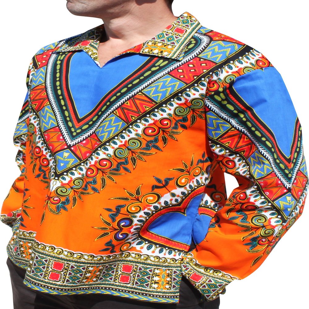 RaanPahMuang Wide European Poets Collar Long Sleeve Shirt Dashiki Heart Print, Small, Heart Print Orange