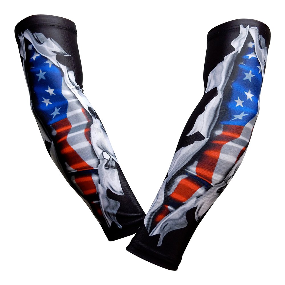 Sports Farm PAIR Compression Elbow Arm Sleeves (ADULT LARGE, BLACK US FLAG RIPPING SHIRT)