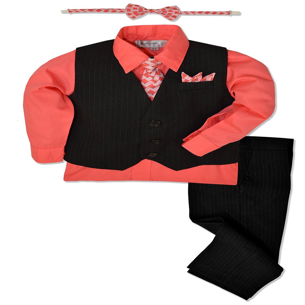Johnnie Lene JL40 Pinstripe Boys Formal Dresswear Vest Set (2T, Black/Melon)