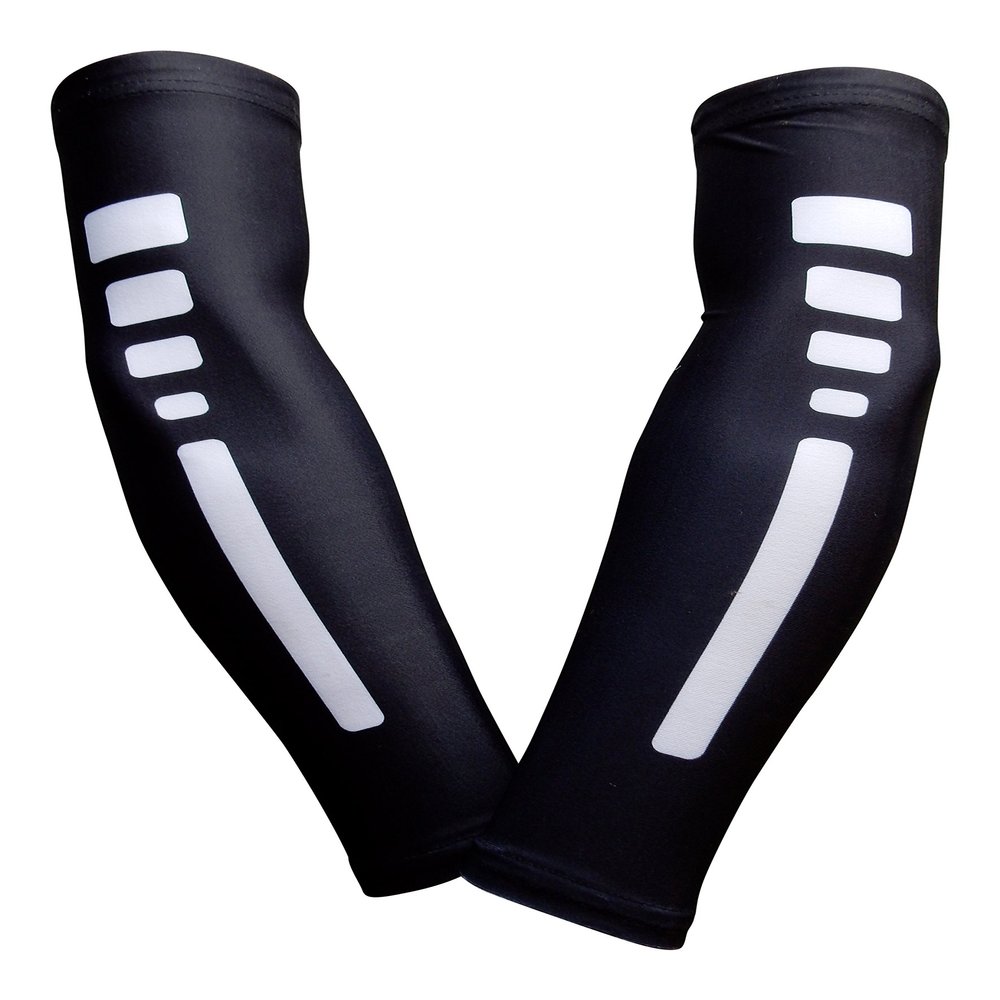 Sports Farm PAIR Compression Elbow Arm Sleeves (YOUTH MEDIUM, BLACK WHITE STRIPE)