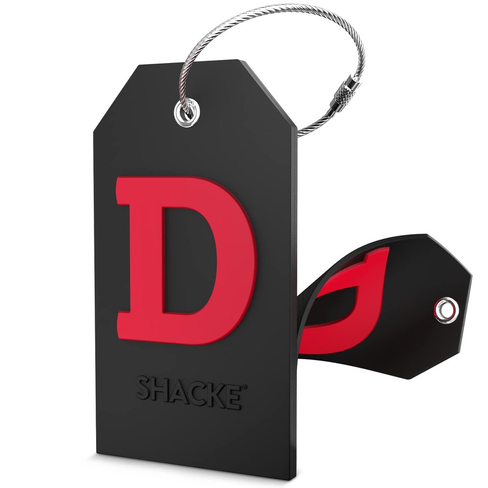 Shacke Initial Luggage Tag with Full Privacy Cover and Stainless Steel Loop - Black (Letter D)