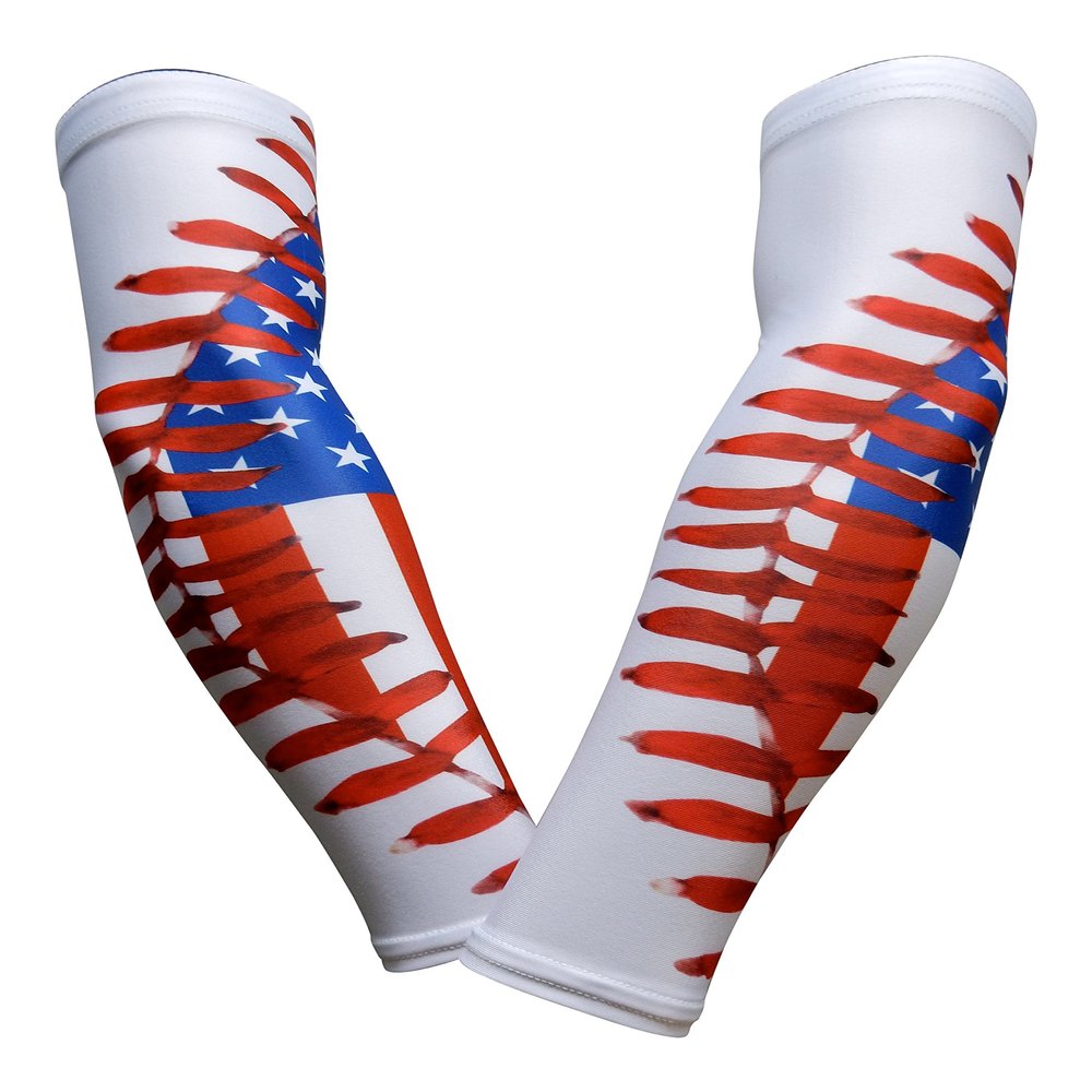 Sports Farm PAIR Compression Elbow Arm Sleeves (YOUTH MEDIUM, US FLAG/BASEBALL STITCH)
