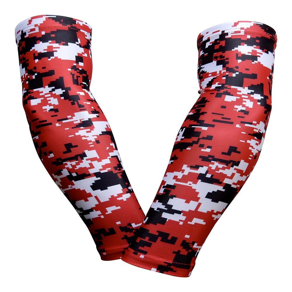 Sports Farm PAIR Compression Elbow Arm Sleeves (YOUTH MEDIUM, RED BLACK DIGI CAMO)