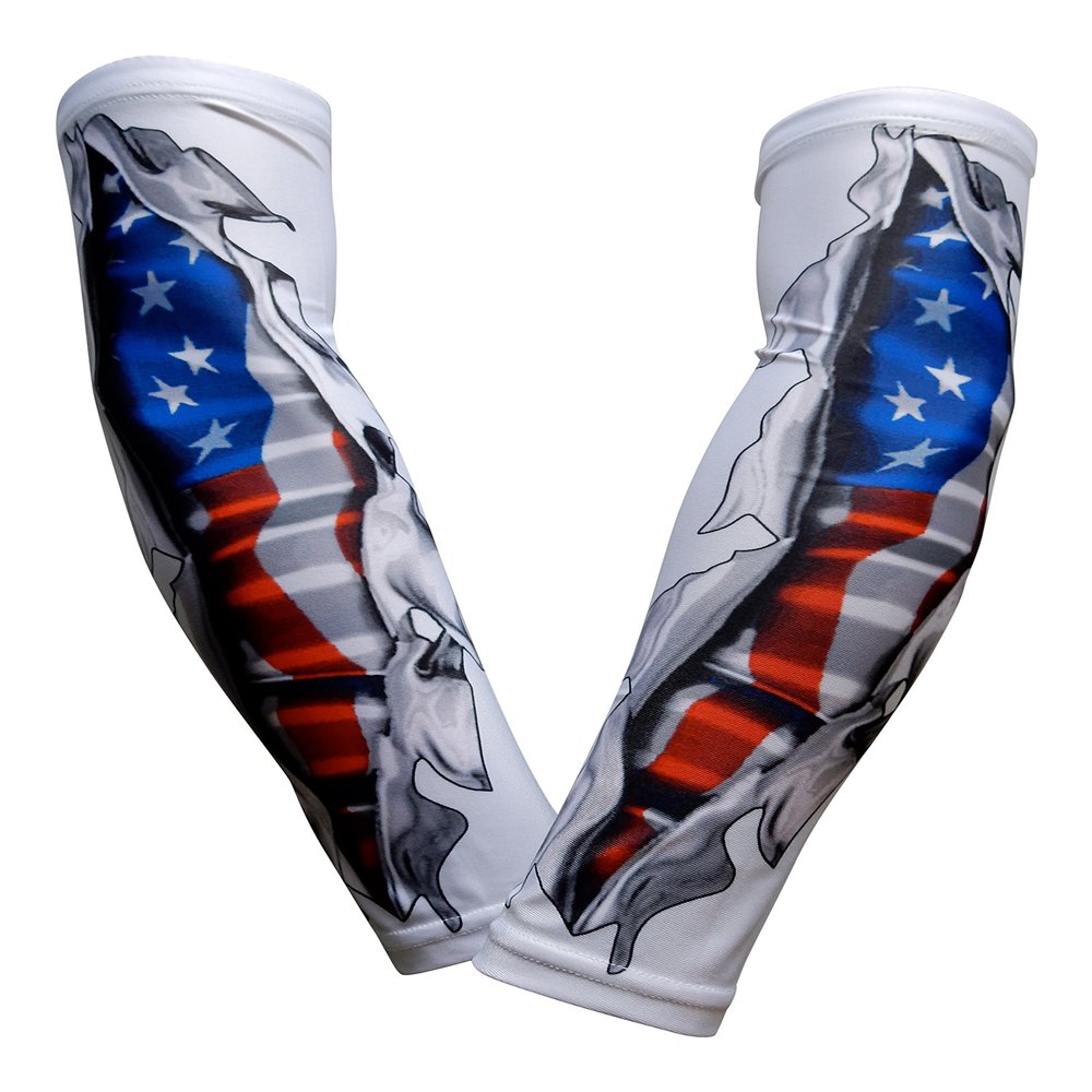 Sports Farm PAIR Compression Elbow Arm Sleeves (ADULT MEDIUM, WHITE US FLAG RIPPING SHIRT)