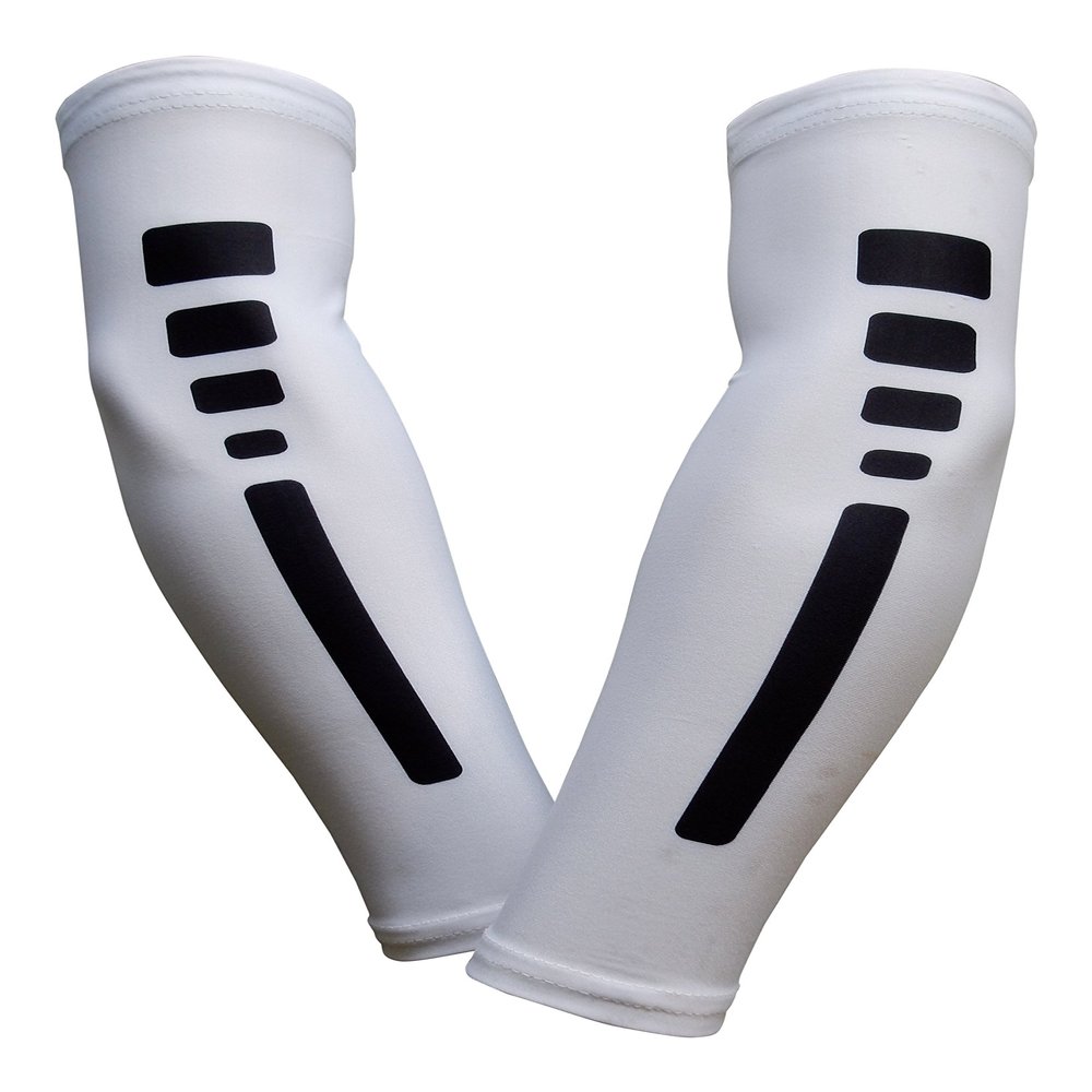 Sports Farm PAIR Compression Elbow Arm Sleeves (ADULT MEDIUM, WHITE BLACK STRIPE)