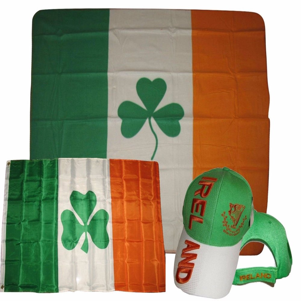 3x5 3'x5' Wholesale Set Shamrock Ireland Irish Fleece & Flag & Erin Go Bragh Hat