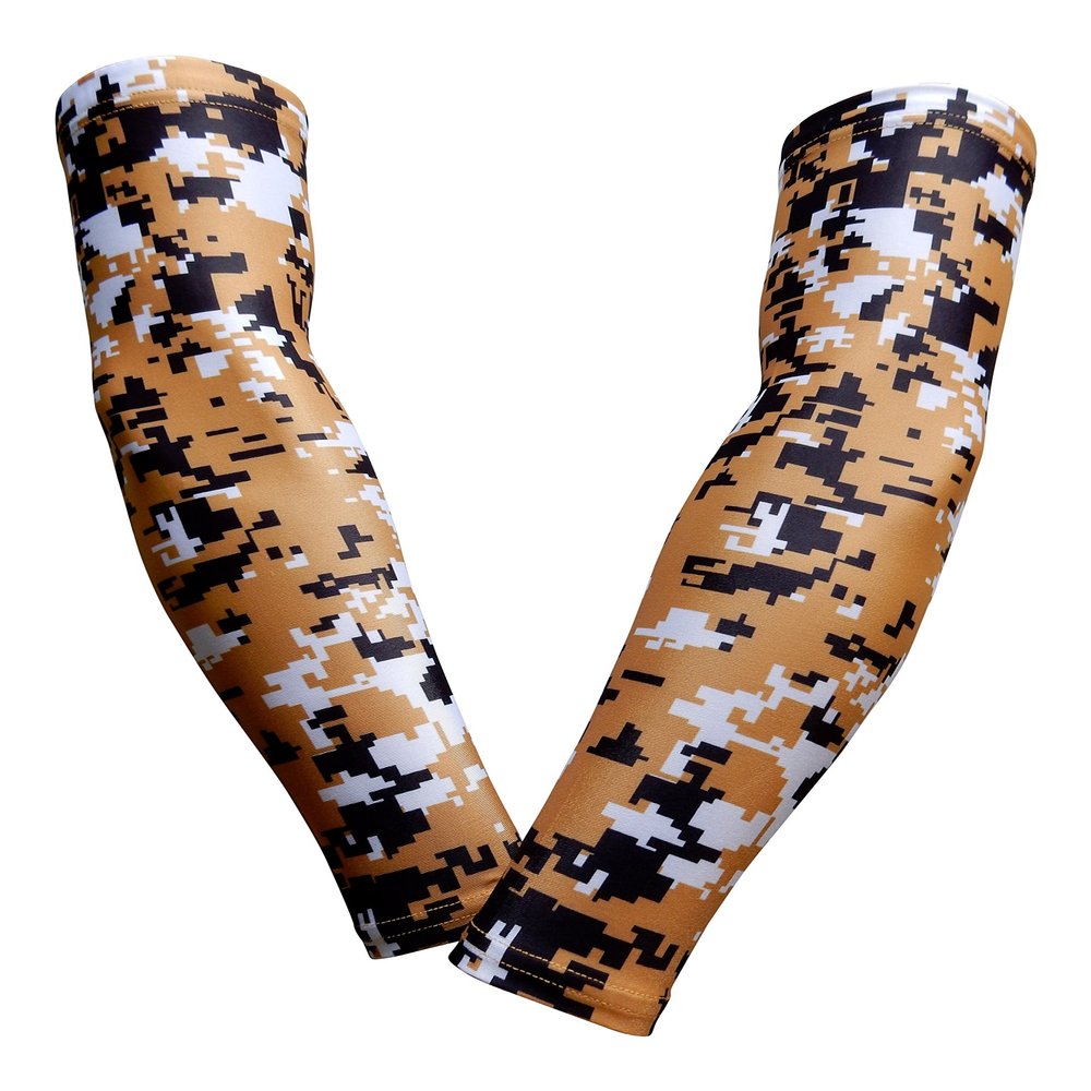 Sports Farm PAIR Compression Elbow Arm Sleeves (YOUTH MEDIUM, GOLD BLACK DIGI CAMO)