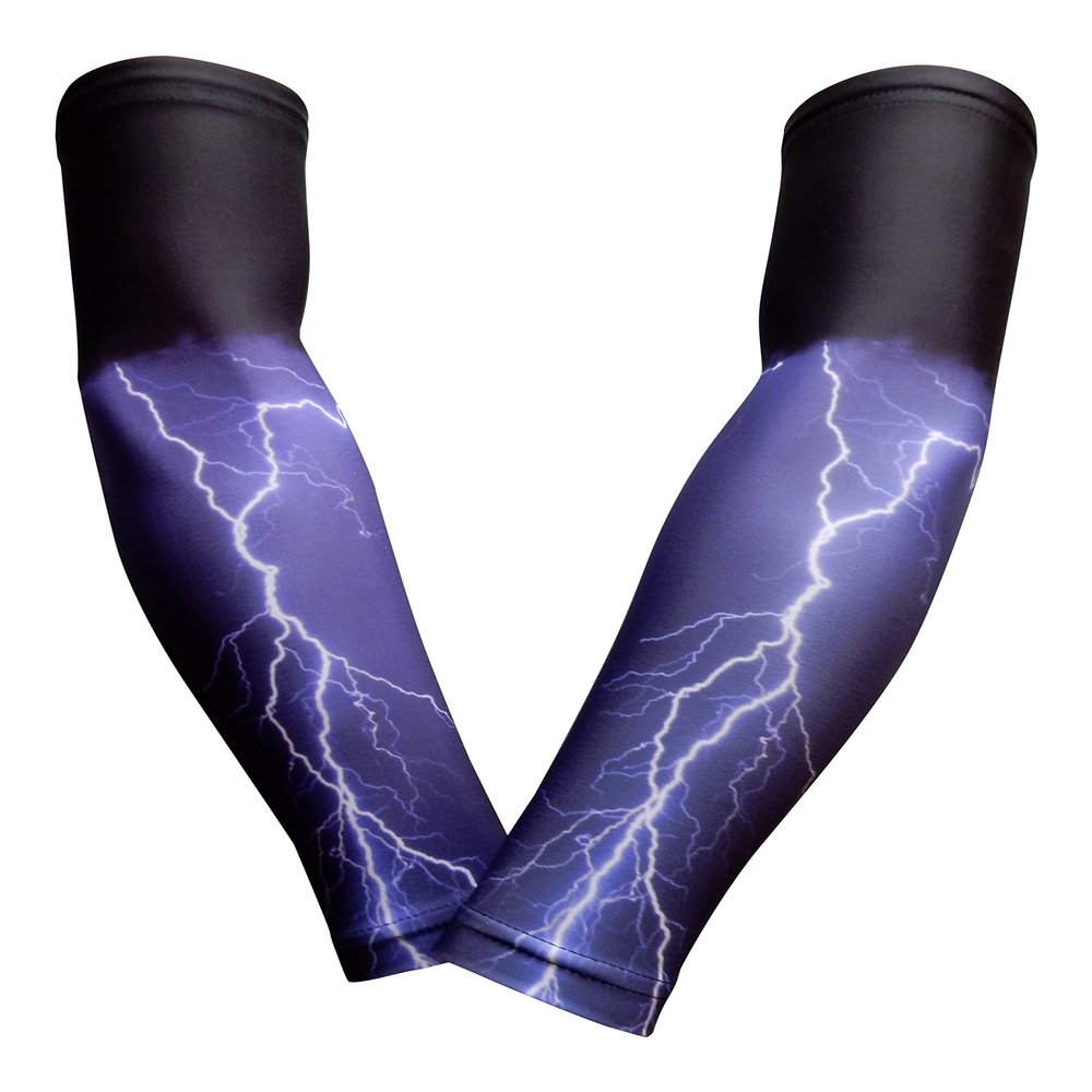 SportsFarm PAIR - Compression Elbow Arm Sleeves (YOUTH MEDIUM, PURPLE BLACK LIGHTNING)