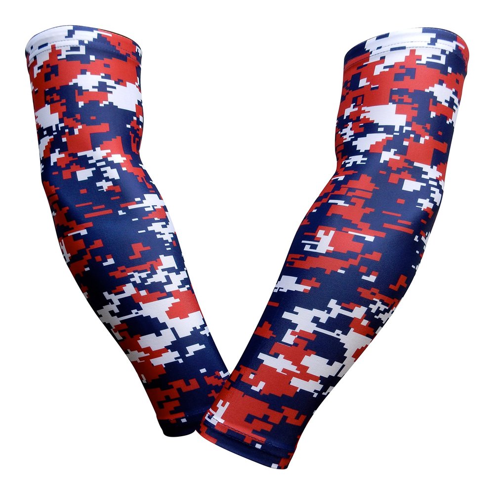 Sports Farm PAIR Compression Elbow Arm Sleeves (YOUTH MEDIUM, NAVY RED DIGI CAMO)