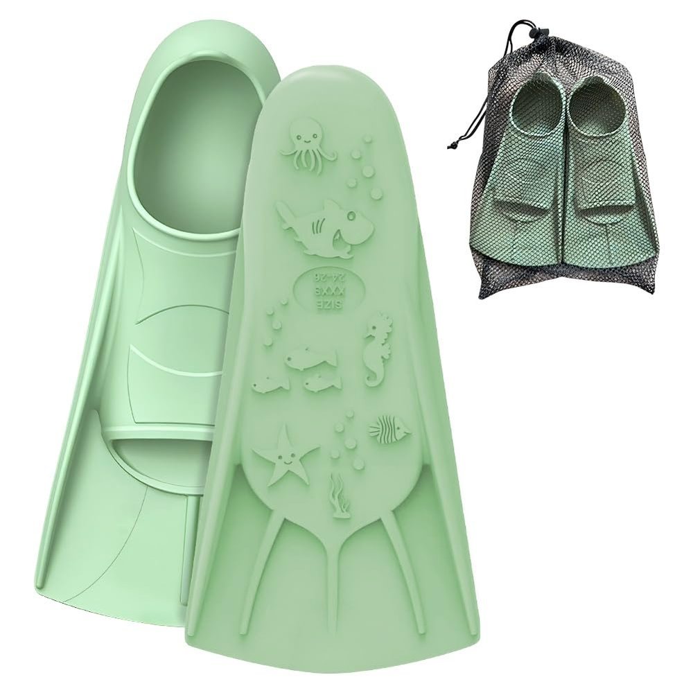 Comfecto Silicone Kids Swim Fins with Cute Sea Creature Out Sole, Short Training Fins for Lap Swimming Snorkeling, Travel Size Flippers with Mesh Bag