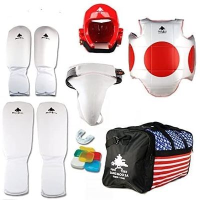 Pine Tree Complete Cloth Martial Arts Sparring Gear Set with Bag & Groin, Large Black Headgear, Child Large Other Gears Male