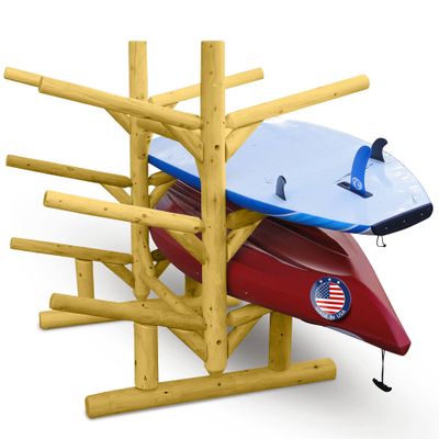 Log Kayak Rack 6-Place, Caribbean Canoe Storage Rack Free-Standing Heavy-Duty Kayak Storage Rack for Garage, Surfboards & SUPs, Beachfront Kayak Stand with Storage, Florida Kayak Rack - Natural