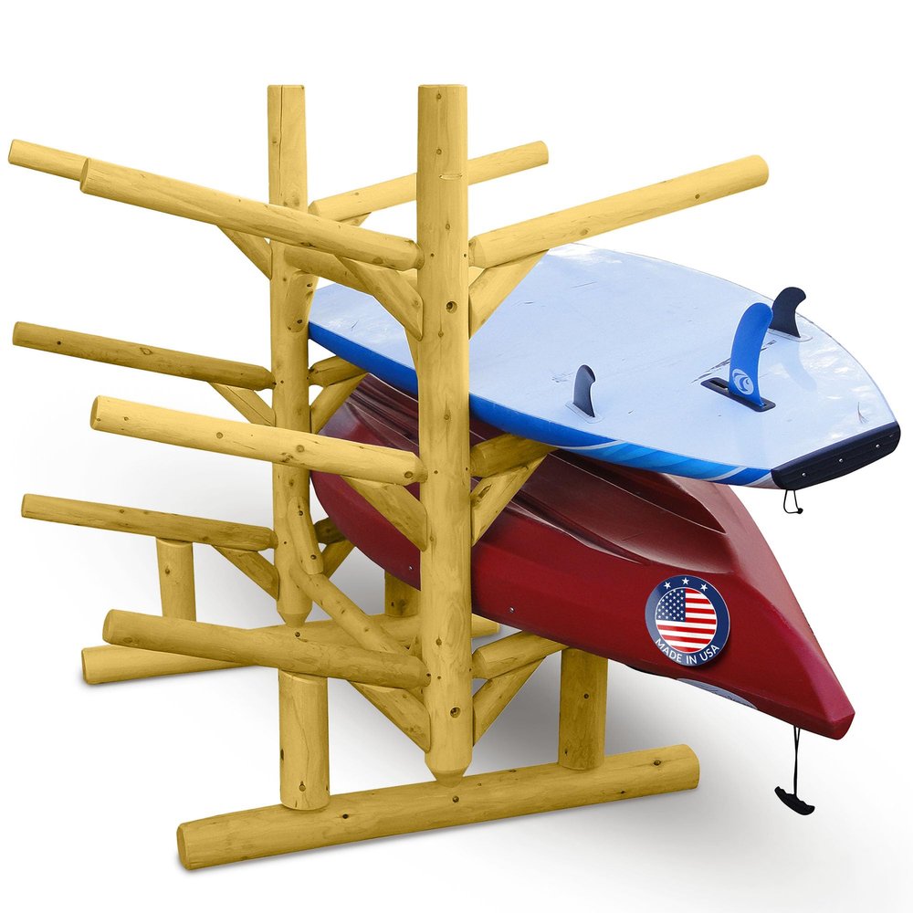 Log Kayak Rack 6-Place, Caribbean Canoe Storage Rack Free-Standing Heavy-Duty Kayak Storage Rack for Garage, Surfboards & SUPs, Beachfront Kayak Stand with Storage, Florida Kayak Rack - Natural