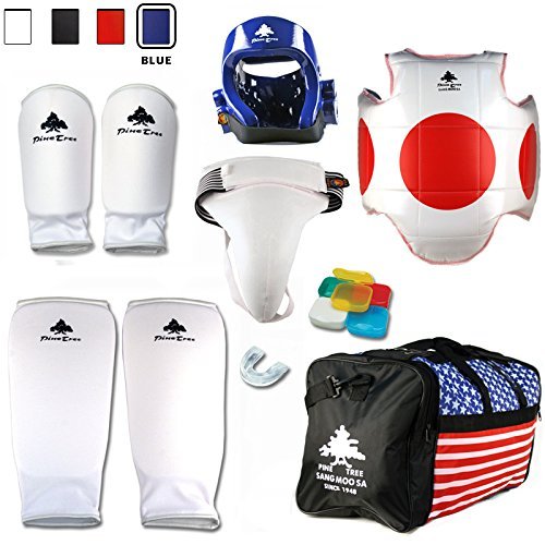 Pine Tree Complete Cloth Martial Arts Sparring Gear Set with Bag, Forearm/Shin, & Groin, Large White Headgear, Large Other Gears Female