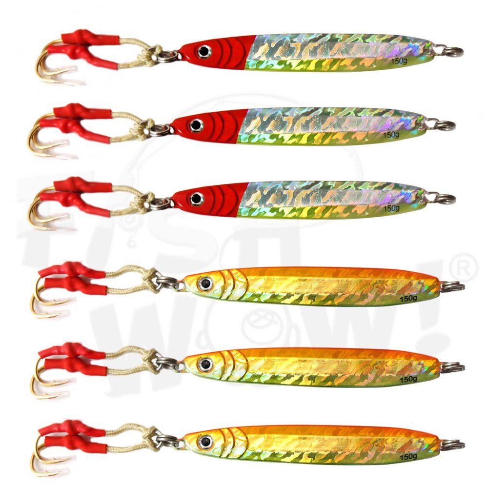 6pcs Fish WOW! 150g Fishing Metal Vertical Trolling Speed jig 5.25oz Knife Jig with Two Assist Hooks - 2 Colors -