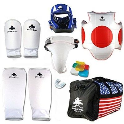 Pine Tree Complete Cloth Martial Arts Sparring Gear Set with Bag, Forearm/Shin, & Groin, Medium Red Headgear, Large Other Gears Female