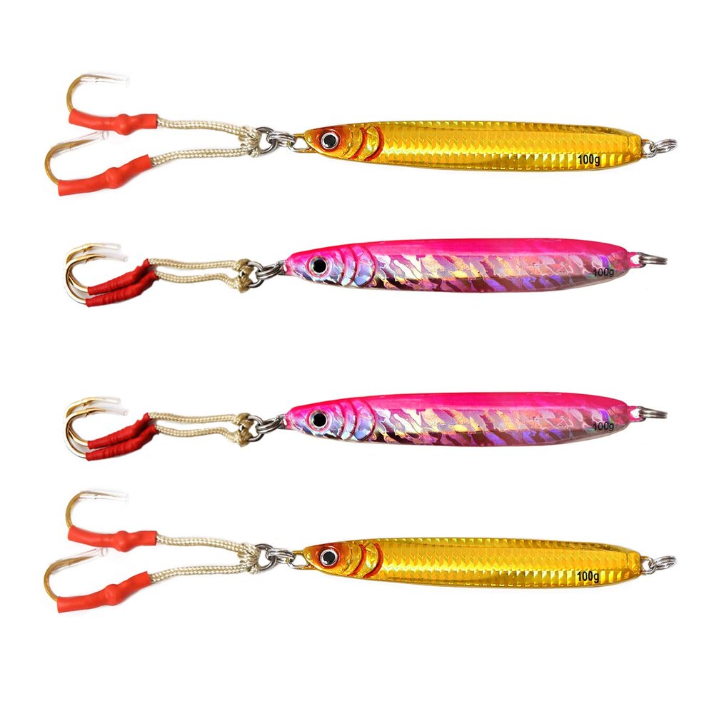 4pcs Fish WOW! 100g Fishing Metal Vertical Trolling Speed jig 3.5oz Knife Jig with Two Assist Hooks - Pink Orange