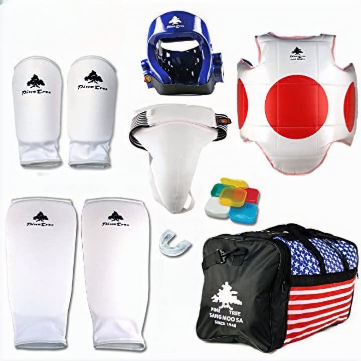 Pine Tree Complete Cloth Martial Arts Sparring Gear Set with Bag, Forearm/Shin, & Groin, Small Black Headgear, Child Small Other Gears Female