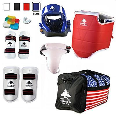Pine Tree Complete Vinyl Martial Arts Sparring Gear Set with Bag, Shin, & Groin, Medium White Headgear, X-Large Other Gears Male