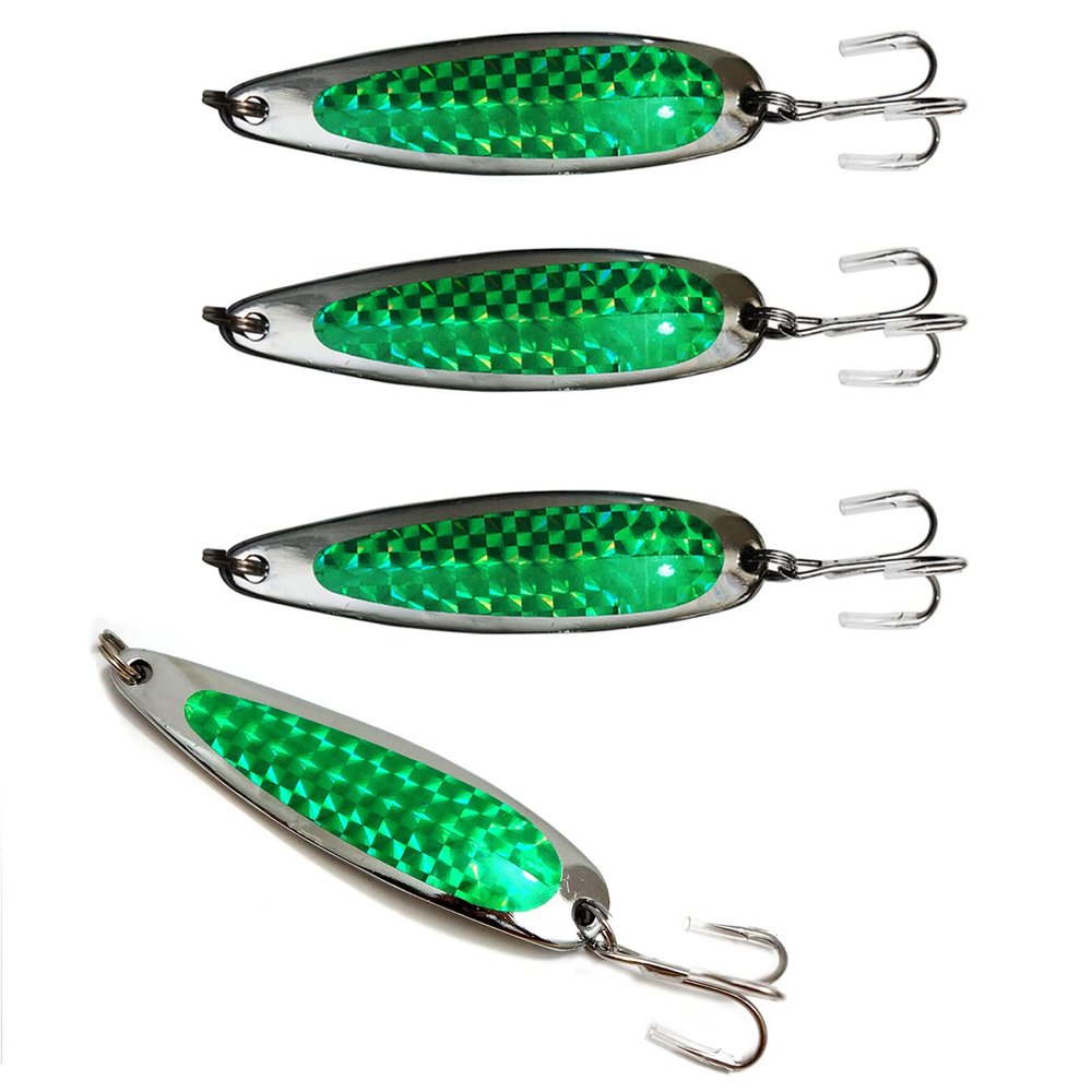 4pcs Fish WOW! 3oz Fishing Spoon with a Treble Hook 85g Fish Jigging Casting Lure Baits - Green Tape