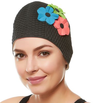 Beemo Latex Swimming Cap for Women, Swim Cap for Long Hair or Short Hair, Bath & Swim Caps to Shield Hair from Damage, Use as Large Shower Cap, Black Swimming Cap with Pink, Green & Blue Flowers