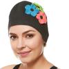 Beemo Latex Swimming Cap for Women, Swim Cap for Long Hair or Short Hair, Bath & Swim Caps to Shield Hair from Damage, Use as Large Shower Cap, Black Swimming Cap with Pink, Green & Blue Flowers view 1