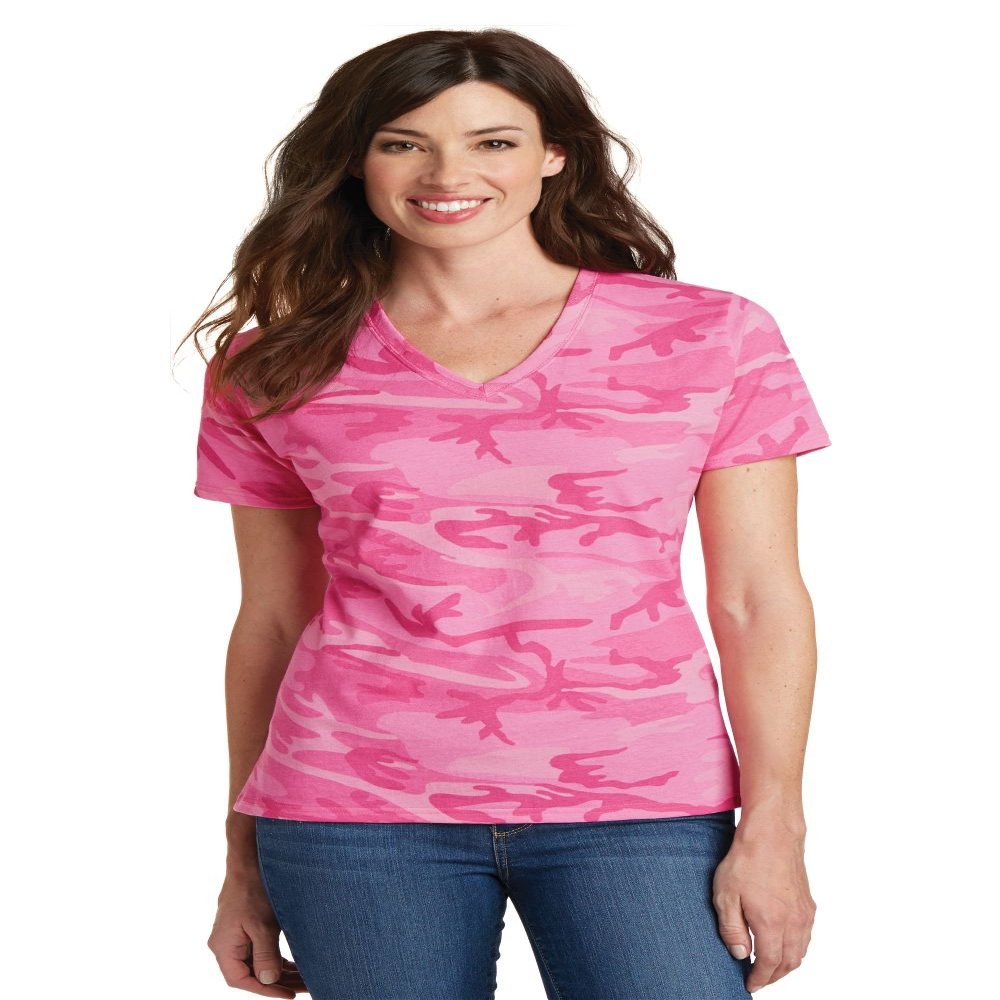 Port & Company Women's 5.4-oz 100% Cotton V-Neck Camo Tee. LPC54VC Pink Camo XS