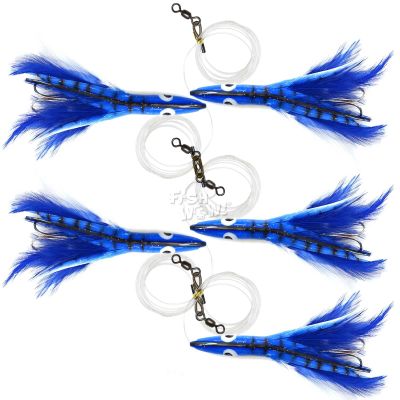 5pcs Fish WOW! 6" Fishing Tuna Clone Feather Rig 6 inch Trolling 3oz Bullet Weighted Head Lure - Blue White