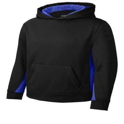 SPORT-TEK Youth Sport-Wick Fleece Colorblock Hooded Pullover, Black/True Royal, X-Large