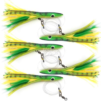 5pcs Fish WOW! 6" Fishing Tuna Clone Feather Rig 6 inch Trolling 3oz Bullet Weighted Head Lure - Yellow Green
