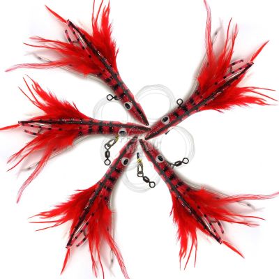 5pcs Fish WOW! 6" Fishing Tuna Clone Feather Rig 6 inch Trolling 3oz Bullet Weighted Head Lure - Red White