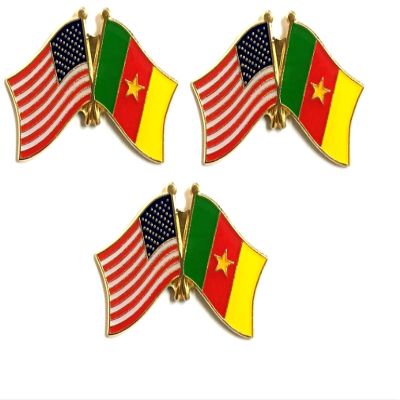 3 Cameroon & US Crossed Flag Double Lapel Pins, Cameroon & American Double Flag Pin Badge