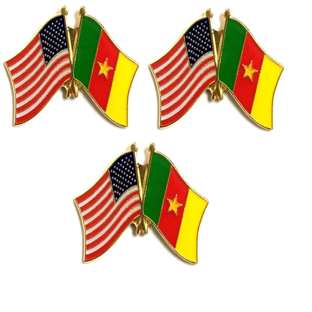 3 Cameroon & US Crossed Flag Double Lapel Pins, Cameroon & American Double Flag Pin Badge
