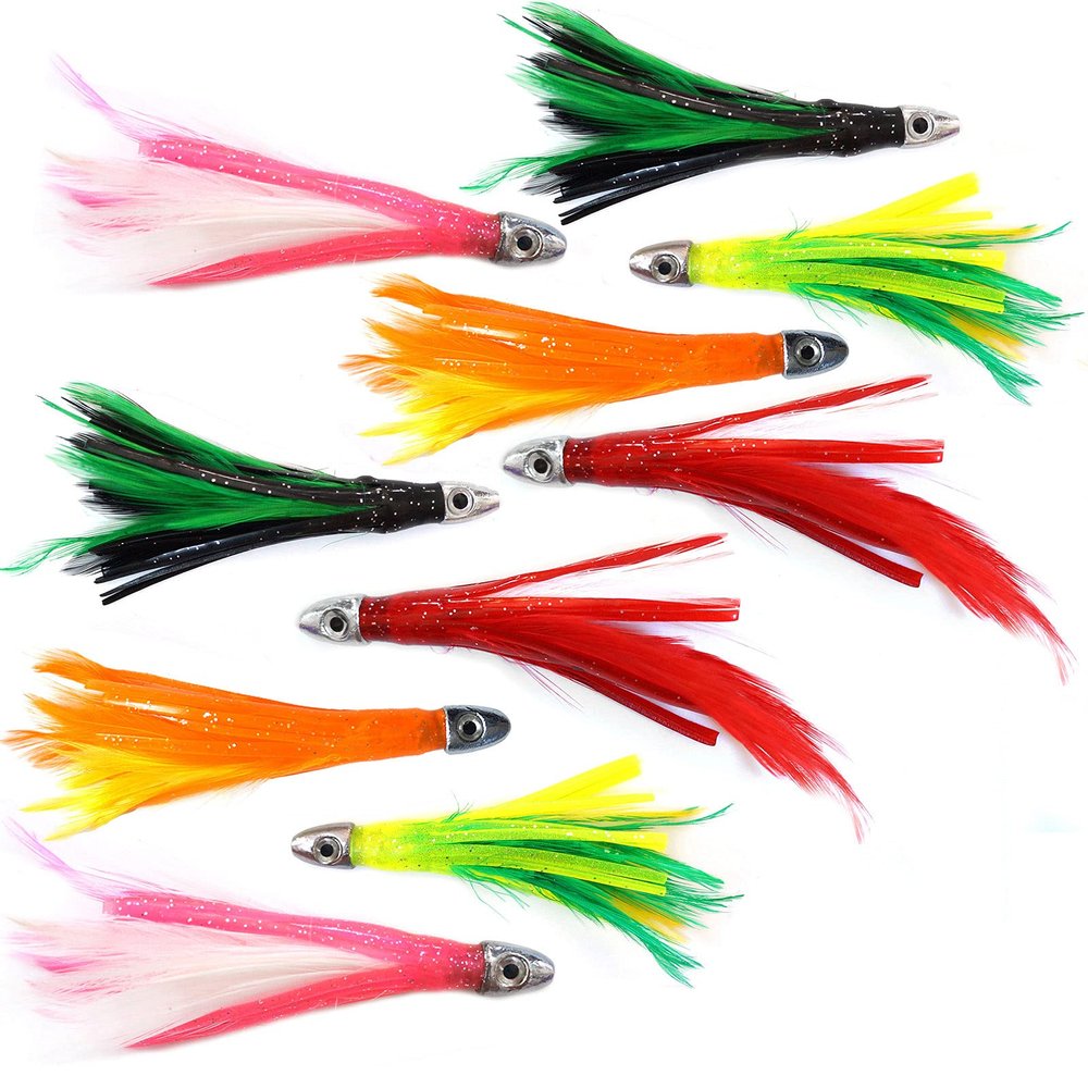 10pcs Fish WOW! 4" mini Feather 1/2oz Bullet Chrome Head Trolling Tuna Lure Squid Skirts - 5 Colors