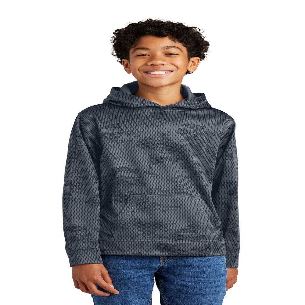SPORT-TEK Youth Sport-Wick CamoHex Fleece Hooded Pullover | Lightweight Hooded Sweatshirt for Kids, Athletic Youth Hoodie Dark Smoke Grey