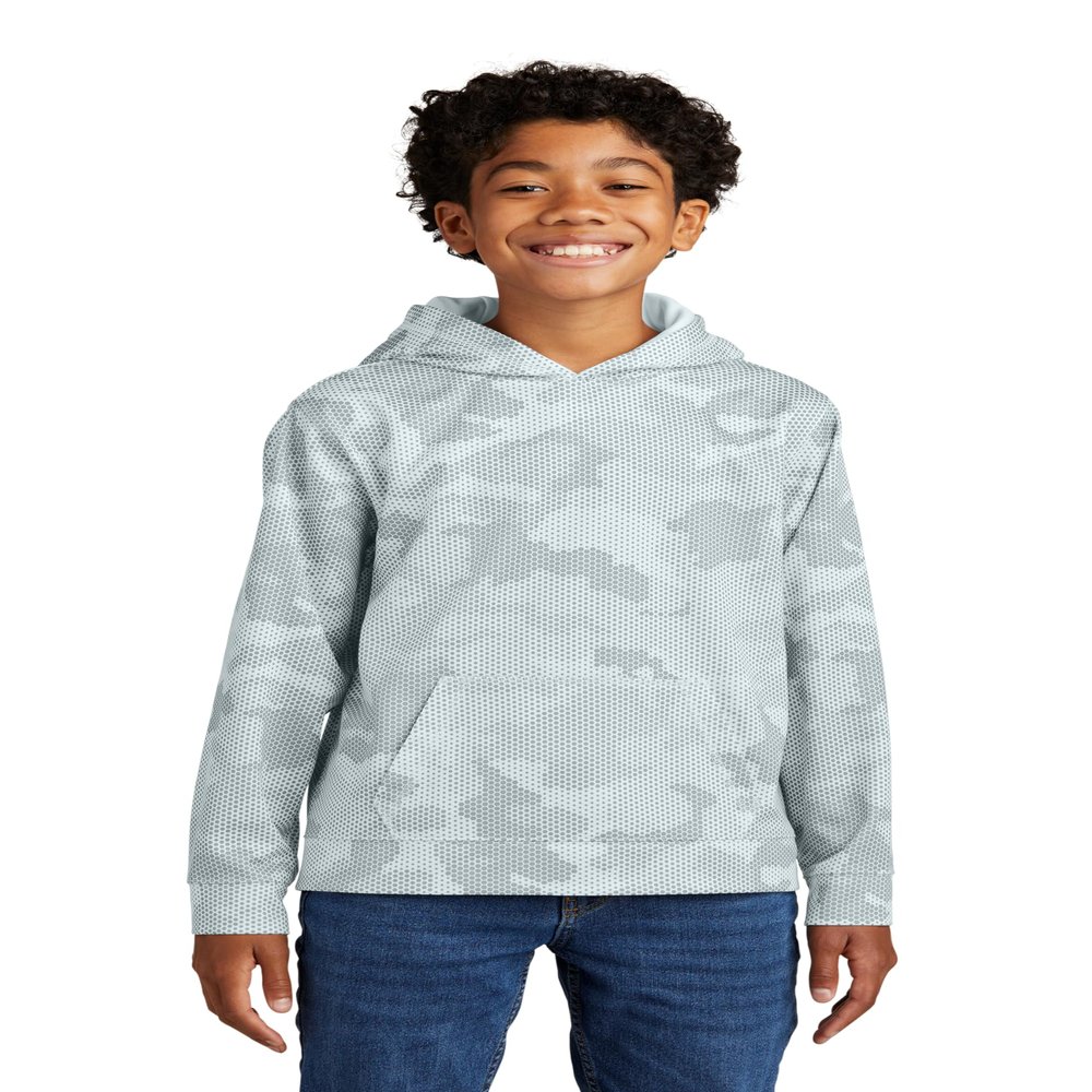 SPORT-TEK Youth Sport-Wick CamoHex Fleece Hooded Pullover | Lightweight Hooded Sweatshirt for Kids, Athletic Youth Hoodie White